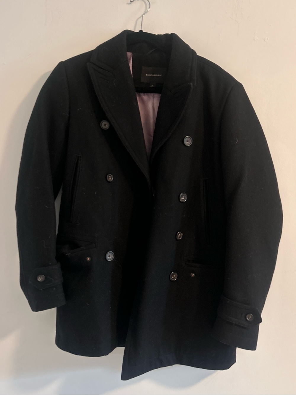 Banana Republic Black Double-Breasted Wool Blend Peacoat with Contrast Lining